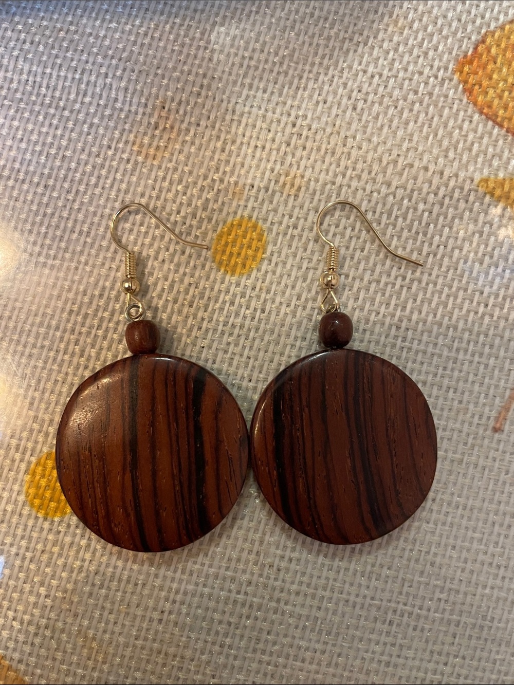 Handmade Brown Wood Disc Drop Earrings - Picture 3 of 3